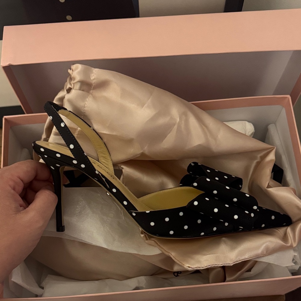 MACH & MACH Black Polka Dot Slingback Heels with Bow Accent